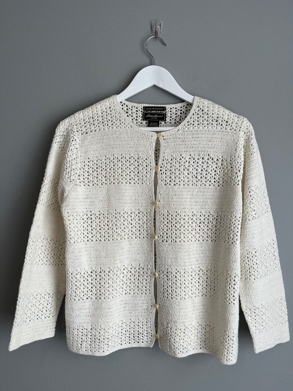 Eddie Bauer Hand Crocheted Cardigan Women's L Ivory Linen Open Knit Boho Cottage
